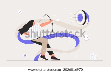 Business woman shoot with bow aiming arrow to target. Business success idea and personal development, motivation. Flat style vector illustration.