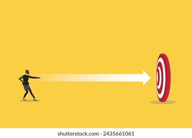 Business woman shoot white arrow and throwing to the center of target. objectives Business investment goal and target for business investment concept