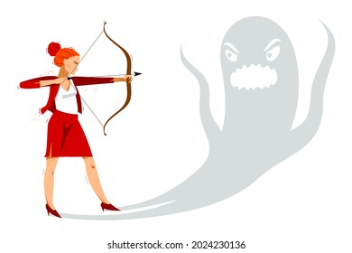 Business woman shooting her own shadow with a bow vector illustration, kill the fear, phobia concept.