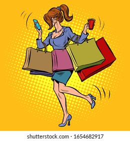 Business woman with shopping. Comic cartoon pore art retro vector kitsch vintage
