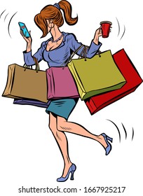 Business woman with shopping. Comic cartoon pore art retro vector kitsch vintage
