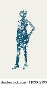 Business Woman in Short Dress. Black Silhouette Standing Full Length. Double exposure