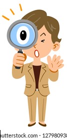 Business woman short hair peeping through the magnifying glass Active
