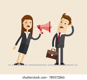 Business woman shouts at the man in the megaphone. vector illustration