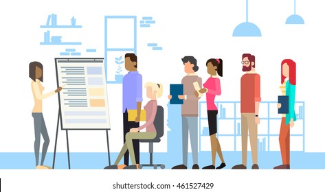 Business Woman Show Board Businesspeople Group Conference Meeting Flip Chart Vector Illustration