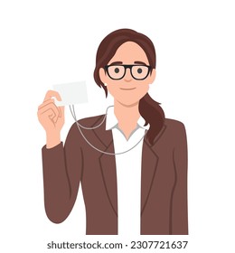 Business woman showing badge. Beautiful businesswoman. Flat vector illustration isolated on white background