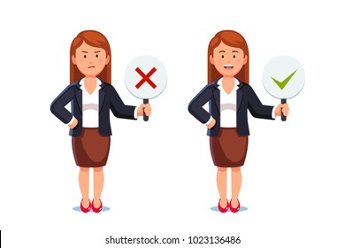 Business woman showing check mark confirmation or approval and reject cross mark sign placards. Business woman holding disapproval placard. Positive & negative signs. Flat vector isolated illustration