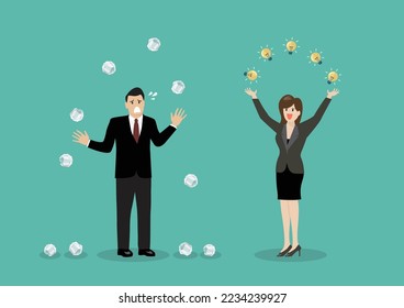 Business woman showing her idea with no idea colleague. Business idea concept. vector illustration