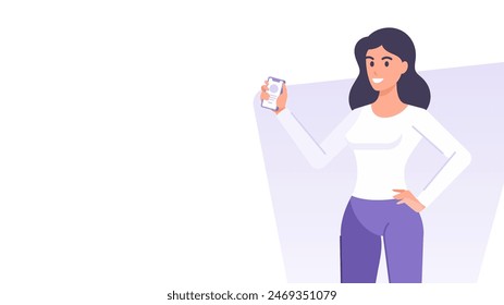 Business woman showing mobile phone chat app banner design template vector flat illustration. Smiling cartoon female character presenting smartphone online internet network communication service