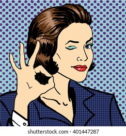 Business woman showing ok sign. Vector illustration in pop art comic style.