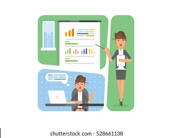 Business woman showing presentation of the project, sales statistics graphs on screen. workplace concept.