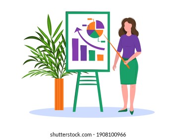 business woman showing schedule for work in the office. office design. vector illustration. mini business concept. drawing isolated on white background 