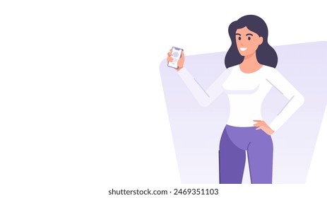 Business woman showing smartphone application banner design template vector flat illustration. Cartoon smiling female character with mobile phone app social media marketing communication technology