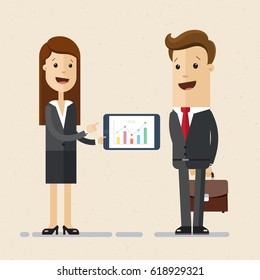 Business woman shows a businessman graphs on the screen of tablet. Vector, illustration, flat