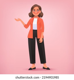 Business woman shows and points to something with her hand. Presentation. Vector illustration in cartoon style