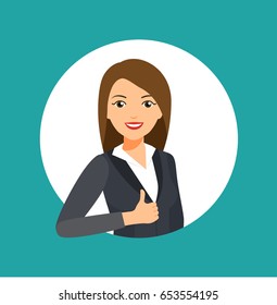 Business woman shows thumbs up. Vector flat illustration