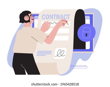 Business woman sign up smart or electronic contract with digital signature on computer online. Data protection and privacy policy vector illustration. Entrepreneur making deal. Agreement conclusion.