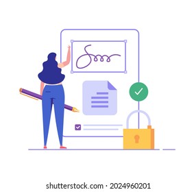 Business woman signing contract with digital pen on phone. Digital signature, business contract, electronic contract, e-signature concept. Vector illustration for web banner, mobile app