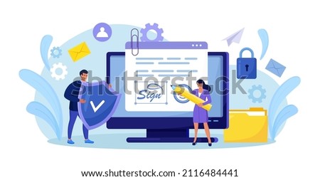 Business woman signing contract with digital pen on computer. Electronic contract with digital signature. Businessmen make online deal with e-signature. Safe agreement conclusion, business partnership