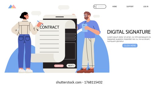 Business woman signing up smart or electronic contract with digital signature on smartphone. Data protection. Privacy policy service  banner, flyer, landing page. Settle contract or make deal online.