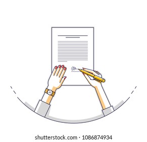 Business woman signs contract official paper document with seal, lady boss signs an order or directive, approve disposal, CEO manager chief, top view of paper with woman hands. Vector illustration.