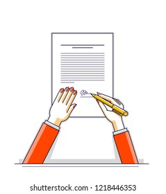 Business woman signs contract official paper document with seal, lady boss signs an order or directive, approve disposal, CEO manager chief, top view of paper with woman hands. Vector illustration.