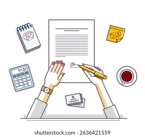 Business woman signs contract official paper document with seal, lady boss signs an order or directive, approve disposal, CEO manager chief, top view of paper with woman hands. Vector illustration.