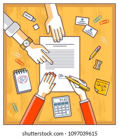 Business woman signs contract paper document or bank customer write a sign on financial form of money credit and employee helps her and explains the terms of loan, top view of people hands. Vector.