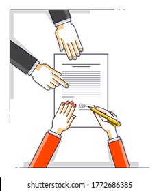 Business woman signs contract paper document or bank customer write a sign on financial form of money credit and employee helps her and explains the terms of loan, top view of people hands. Vector.