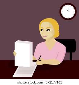 Business woman signs documents in office