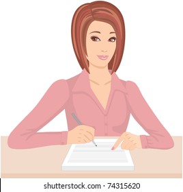 Business woman signs documents. vector, no gradient, color full