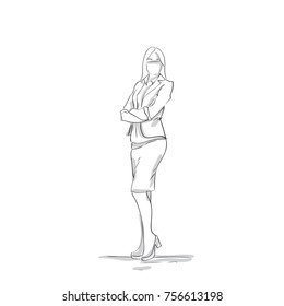 Business Woman Silhouette Standing With Folded Arms Full Length Female Businesswoman Skecth On White Background Vector Illustration