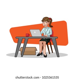 Business Woman Sit behind the desk with laptop Illustration