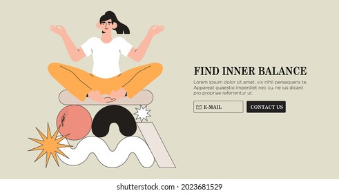 Business woman sit on big pile or top of abstract geometric shapes search for work life balance or  meditating. Balance between leisure, rest and work. Yoga meditation or mental health concept.