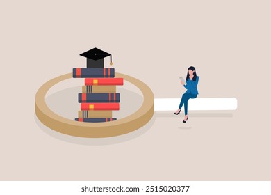 Business woman sit on magnifying glass. concept of Growth education training, learning and self development, ambitions. Knowledge and information