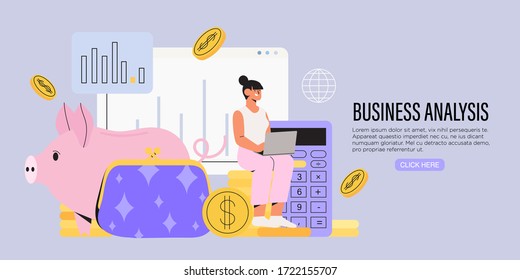 Business Woman Sit On A Pile Of Coins Near Piggy Bank And Calculator And Work On A Laptop. Concept Of Business Analyst, Financial Economic Strategy To Avoid Crises, Ways Of Company Business Recovery.