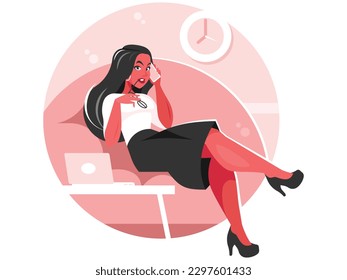 A business woman sits in a bean bag and talks on the phone. Female office worker with laptop and smartphone. Vector graphics