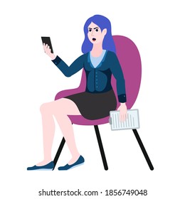 Business woman sits in a chair, gets angry and swears on the phone. Video communication via the Internet. Negative emotions, smartphone call.