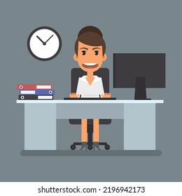 Business woman sits at computer desk and says. Flat people. Vector Illustration