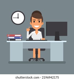 Business woman sits at computer desk and pointing finger up. Flat people. Vector Illustration