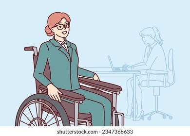 Business woman sits in wheelchair and works in office as manager, not paying attention to illness. Successful businesswoman in wheelchair, for concept of available space and equal opportunity