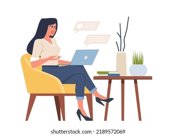Business woman is sitting in an armchair with a laptop at a table with books and houseplants. Flat cartoon vector illustration on isolated white background