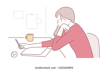 Business woman sitting by desk, paper files spread out, leaning head on hands looking overwhelmed and tired. Hand drawn style vector design illustrations.