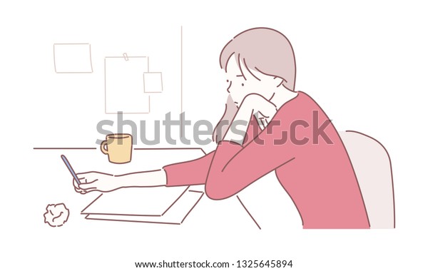 机に座っているビジネスマン 紙のファイルが広がり 頭を上に傾け 圧倒され 疲れ果てている様子をしている 手描きのスタイルのベクター画像デザインイラスト のベクター画像素材 ロイヤリティフリー