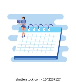 business woman sitting in calendar with laptop vector illustration design
