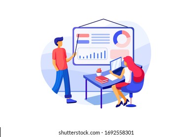 Business woman is sitting in a chair and listening to a presentation. Business man make the presentation and show charts and diagrams on the screen.