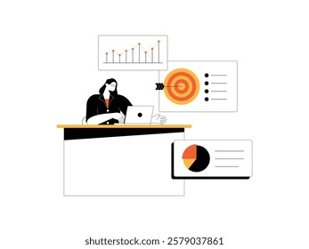 Business woman is sitting in a chair while working on her laptop, she is also monitoring the data analysis of her work.
design, vector, illustration