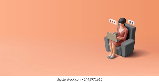 Mujer de negocios sentada en la silla y trabajando en la computadora portátil, comunicación, mensaje 3D forma isométrica. Para conceptos de diseño de trabajo, reuniones en línea, gestión, comodidad, trabajo a distancia. Vector