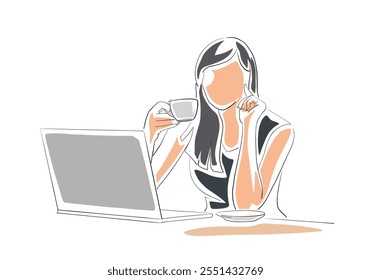 Mujer de negocios sentada, pausa para el café, profesor, abogado, gerente. Ilustración de arte de línea de Vector aislado