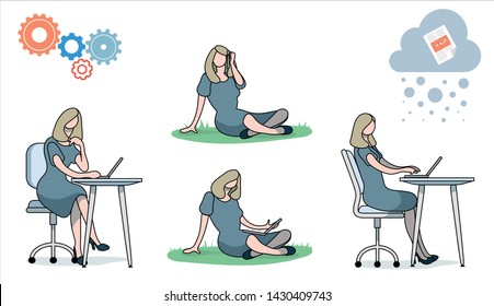 Business woman sitting collaborating on a document in the cloud. Vector illustration. Flat colour. Document synching. Office 365. Character. Real time working. Office worker. Working in the cloud.